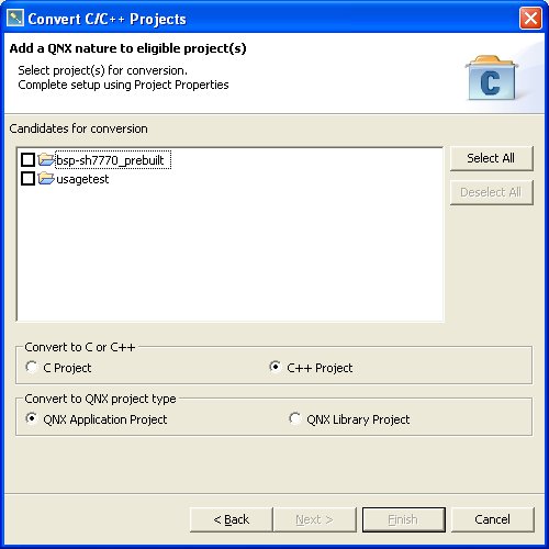 Convert to QNX Project wizard