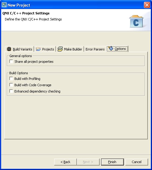 Common wizards: C/C++ Projects; Options tab