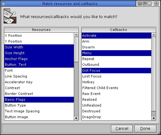 Match resources and callbacks dialog